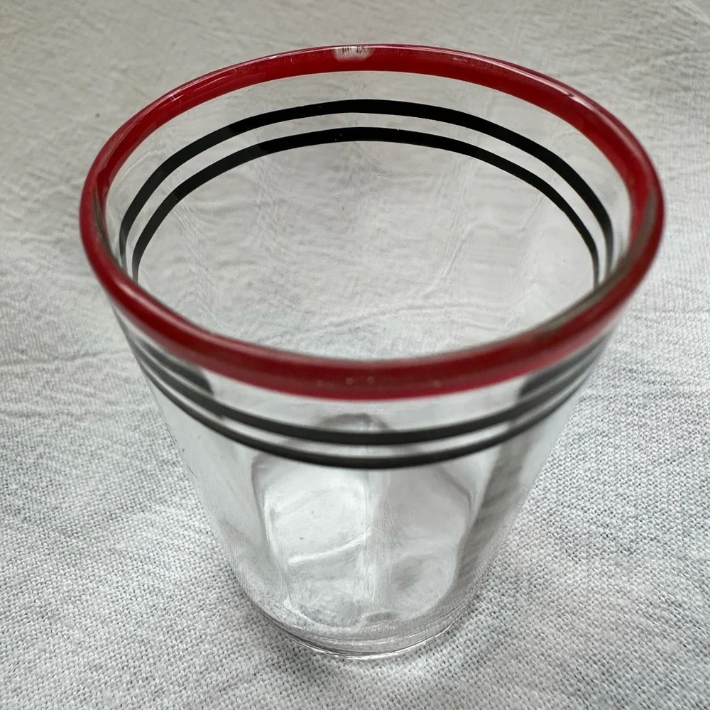 Vintage Nostalgic 1960s Era Matched Red & Black Banded Pair Clear Shot Glasses